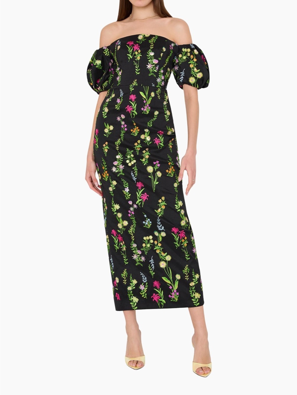 Milly Black Off-Shoulder Floral Puff-Sleeve Midi Dress